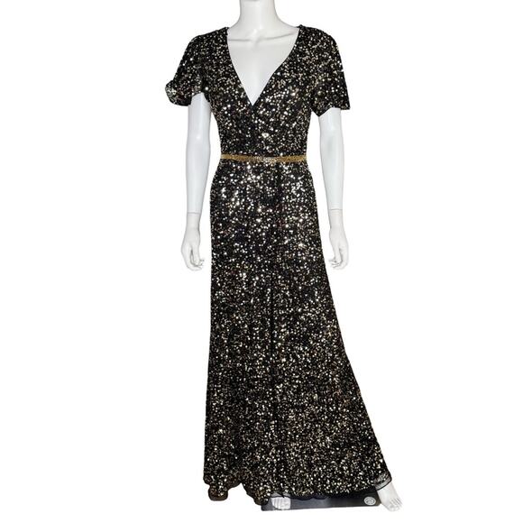 Mac Duggal Black and Gold Sequined Wrap Over Butterfly Sleeve Draped Gown Sz 6 - Picture 2 of 11